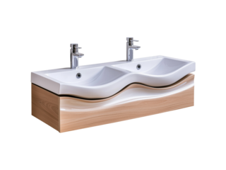 Modern double sink vanity with sleek design and wooden base, Isolated on white background