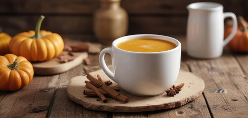 Fototapeta premium Spiced pumpkin drink in a white ceramic mug on a rustic wooden surface , wood grain texture, cozy corner