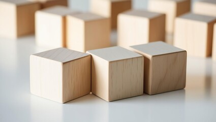 Obraz premium A close-up view of wooden blocks arranged on a clean surface, showcasing their natural texture and simplicity.