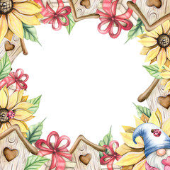 spring watercolor frame with flowers and houses. Beautiful bright frame with gifts, sunflower, gnome and ladybug