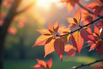 Fototapeta premium Spring leaves on a branch in the morning light, blooming flowers, trees in bloom
