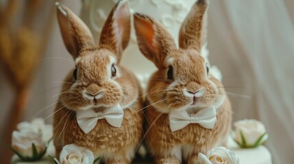 Obraz premium Wedding couple of elegant rabbits with bow tie on their wedding day. Honeymoon