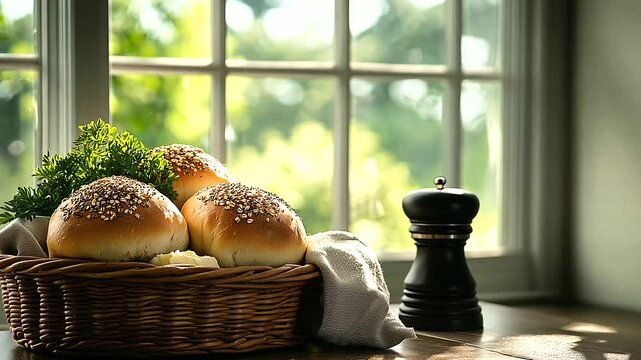 A charming kitchen table showcases a wicker basket full of soft, seed-topped bread rolls, paired with creamy butter, sprigs of parsley, and an artisanal pepper grinder for a rustic