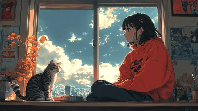 Animated girl sitting on a window sill with a cat, gazing at drifting clouds in a parallax motion effect