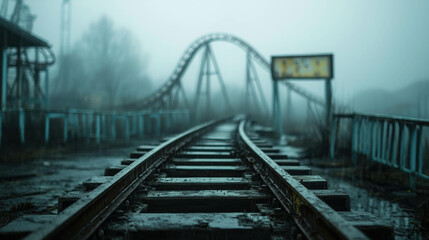 Fototapeta premium Abandoned Amusement Park Scene with Rusty Roller Coaster and Foggy Atmosphere