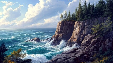 A rocky cliff overlooking a vast ocean with waves crashing below. picture