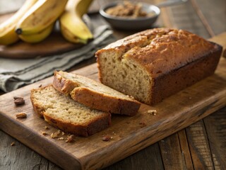 Delicious Homemade Banana Bread Loaf Sliced on Rustic Wooden Board - Stock Photo
