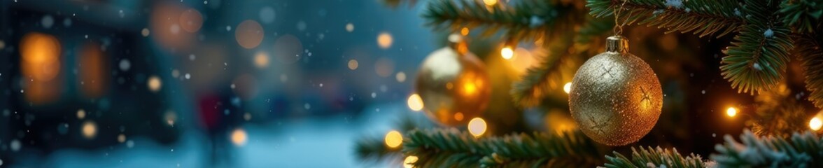 Sparkling golden ornaments adorn the Christmas tree branches, holiday season, decorative lights, winter wonderland