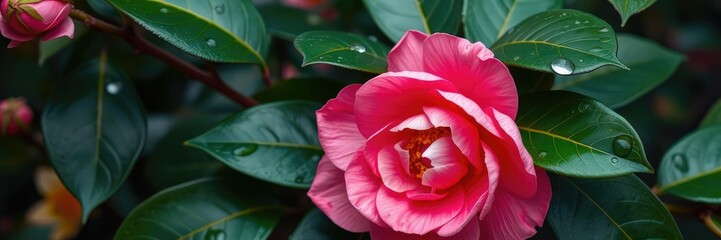 pink camellia flower with green leaves and dew drops, nature photography, springtime landscape