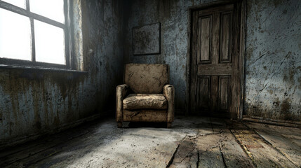 Abandoned House Interior with Mold Growing on Walls and Dusty Furniture in Dim Light