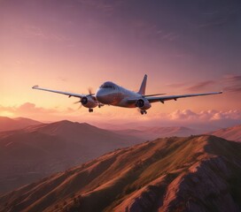Fototapeta premium Plane flying over a rolling hill at dusk with a warm pinkish-orange light, horizon, glow