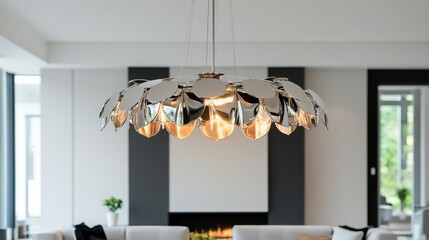 Modern chrome pendant light in stylish living room interior