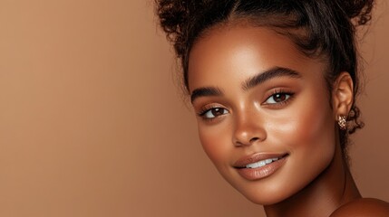 Naklejka premium Smiling african female young adult with curly hair on brown background National Silly Earring Day