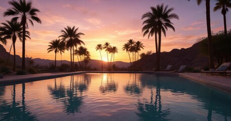 Obraz premium Pool and palm trees under a stunning Arizona sunset, Arizona desert landscape with a pool and palm trees under a beautiful sunset sky, Arizona desert scenery, natural beauty