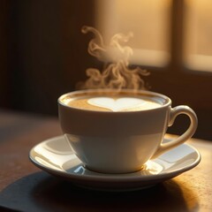 Steamy morning scene with a cup of coffee and heart-shaped foam on the surface, warm, cozy, heart shape