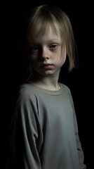 Child with short hair gazes thoughtfully, highlighted in soft light against dark background during a quiet indoor moment