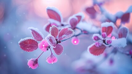 Frost-covered pink flowers glisten in winter sunlight, surrounded by a serene snowy landscape