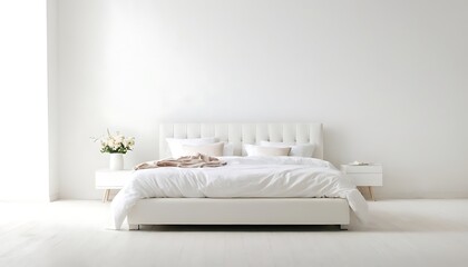 Obraz premium White Bed In Empty Space Isolated on White, Render,comfortable, cut out, no people, relaxation, color image, studio shot, single object, white background, bed - furniture, 1564