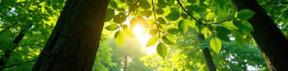 Obraz premium Sunlight filtering through leafy branches above, tree, forest, woods