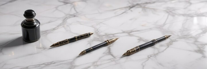 Quill pen with inkwell on a white marble background , writing tools, inkwell