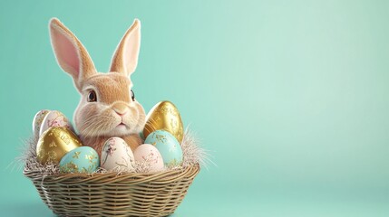 Cute Bunny Surrounded by Colorful Easter Eggs in a Basket