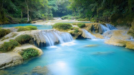Fototapeta premium Turquoise waterfall cascades through lush jungle. Background Serenity, nature escape