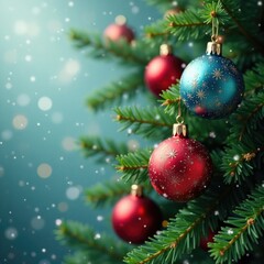 Naklejka premium Swirling snowflakes encircle glittering ornaments amidst evergreen branches, ornaments, evergreen, christmas