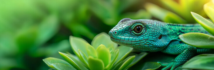 Fototapeta premium vibrant green lizard resting among succulent plants, showcasing its intricate scales and bright eyes