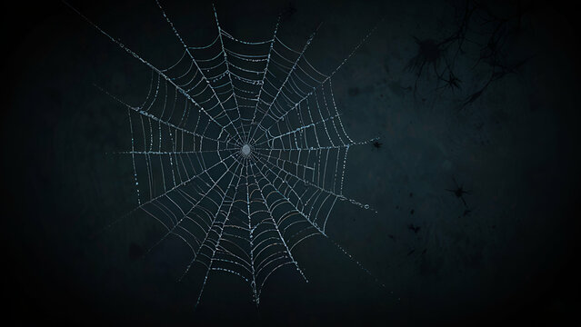Detailed spiderweb illuminated in low light showcasing fine threads and symmetrical design