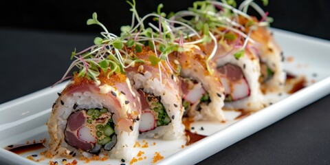 Gourmet sushi roll with fresh sprouts and sauce on white plate