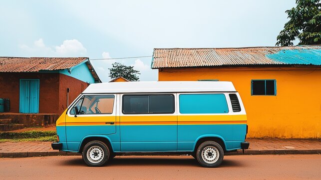 Colorful vintage van parked by bright homes urban setting travel photography daytime vibrant atmosphere