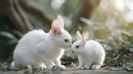 Obraz premium Wedding couple of elegant rabbits with bow tie on their wedding day. Honeymoon
