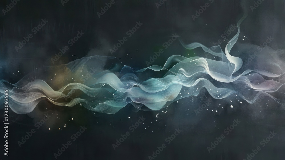 Poster abstract wave patterns in dark background with ethereal colors and subtle light effects
