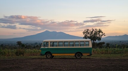 Scenic sunset over mountains and vintage bus tranquil rural landscape photography inspiration
