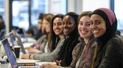 Diverse Group of Young Women Smiling at Technology Workshop Event