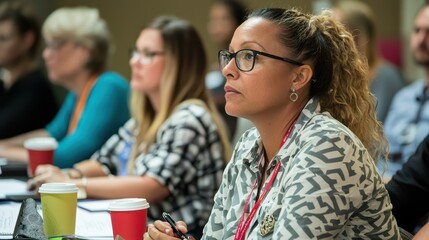 Fototapeta premium Focused Woman Taking Notes During Conference with Attendees Nearby