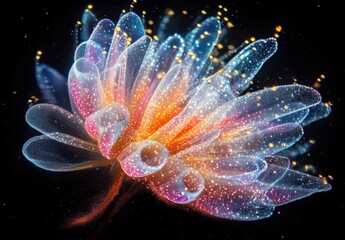 Ethereal Glow of a Colorful Flower with Sparkles and Lights, Abstract Floral Art with Vibrant Colors and Dreamy Aesthetics in a Dark Background