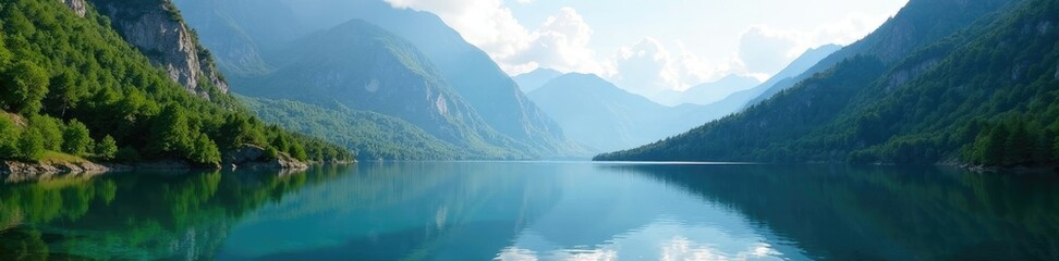 A serene lake nestled between towering mountain peaks, nature, tranquility