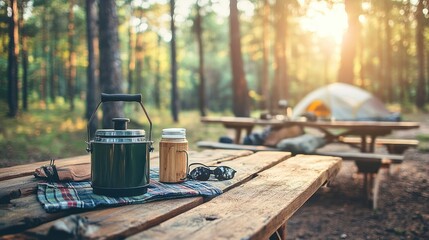 Serene Camping Scene: Kettle, Mug, and Sunglasses on a Wooden Picnic Table in a Sunny Forest