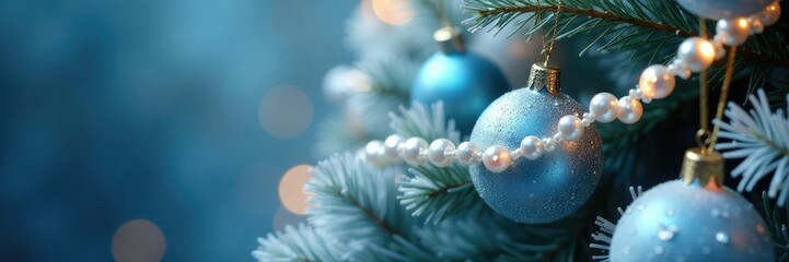 A shimmering pearl strand winding its way through icy blue and white ornaments on the Christmas tree, holiday, ornaments