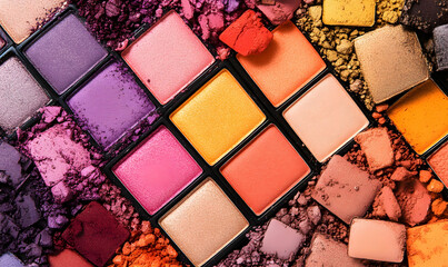Fototapeta premium A flat lay of colorful eye shadow palettes on a white background, with each palette made up of different shades and shapes