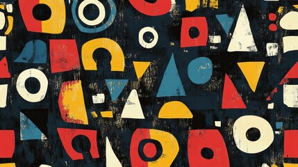 Abstract geometric shapes in red, blue, yellow, and white on black background