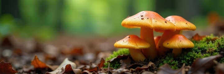 Clusters of funnel-shaped caps growing on the forest floor amidst leaf litter, forest floor mushrooms, leaf litter