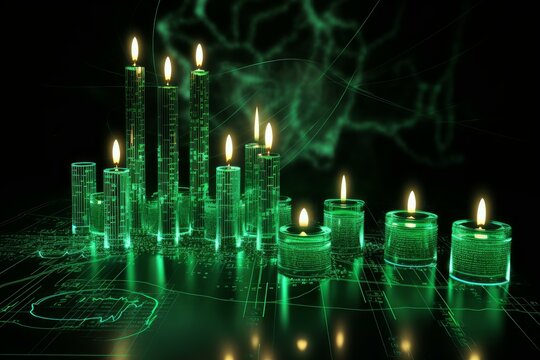 Glowing digital candles illuminating a futuristic circuit board, symbolizing data analysis and technological innovation