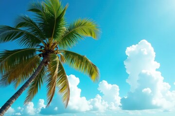 Coconut tree branches sway in the wind as fluffy white clouds drift lazily by, wind, serenity, peaceful ambiance