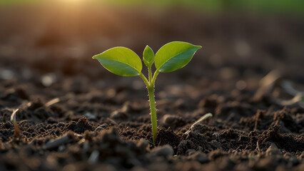 Fototapeta premium Little Green Sprout Emerging from Soil at Sunset ,Spring Nature Awakening