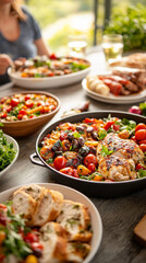 Fototapeta premium Delicious meal featuring roasted chicken, fresh salads, and vibrant vegetables
