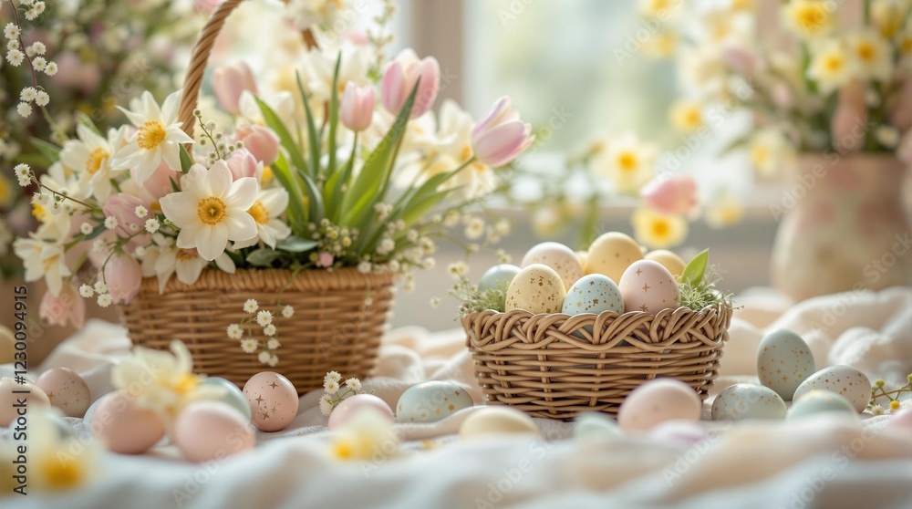 Aufkleber a festive easter setting with colorful eggs in a basket, accompanied by fresh flowers and a cozy bla