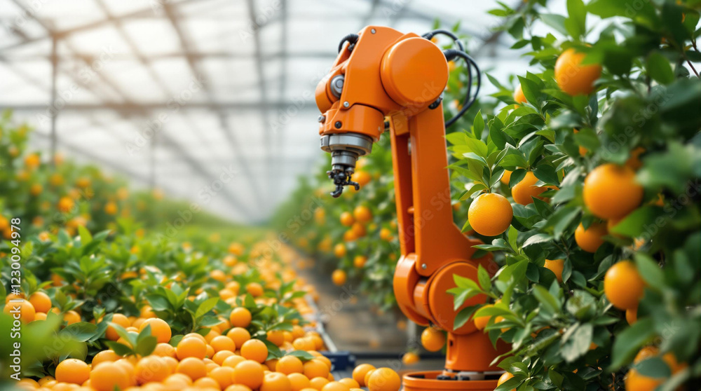 Poster an automated robotic arm in a greenhouse surrounded by oranges, indicating the use of advanced technology in agricultural settings.
