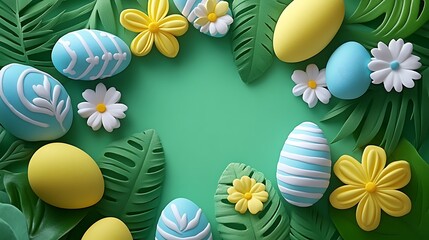 A light, airy background with pastel-colored eggs and floral accents, providing ample space for inserting an Easter greeting.